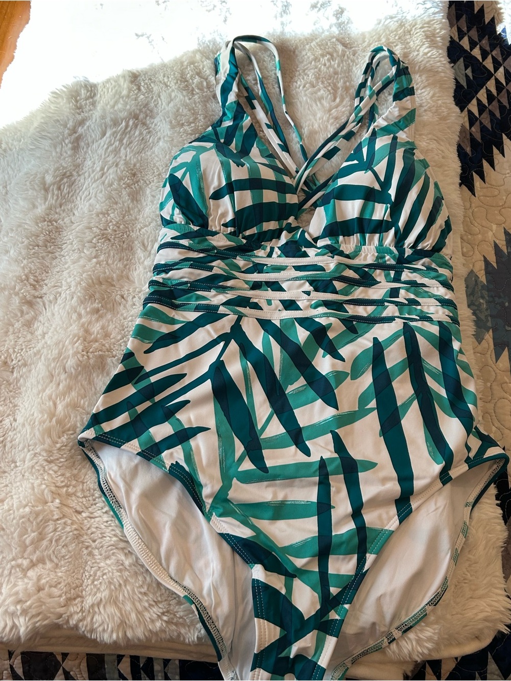 La Blanca Teal and White Leaf-Print One-Piece Swimsuit Size 12